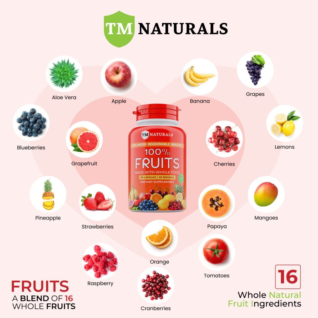 Fruits and Veggies Supplement Bottle with Fruit Ingredients