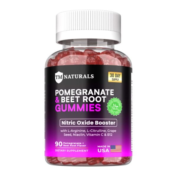 Pomegranate and Beet Root Gummies in a bottle on a white background