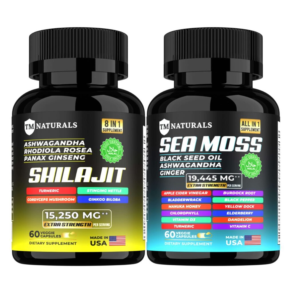 Shilajit and Sea Moss Pills in a bottle on a white background