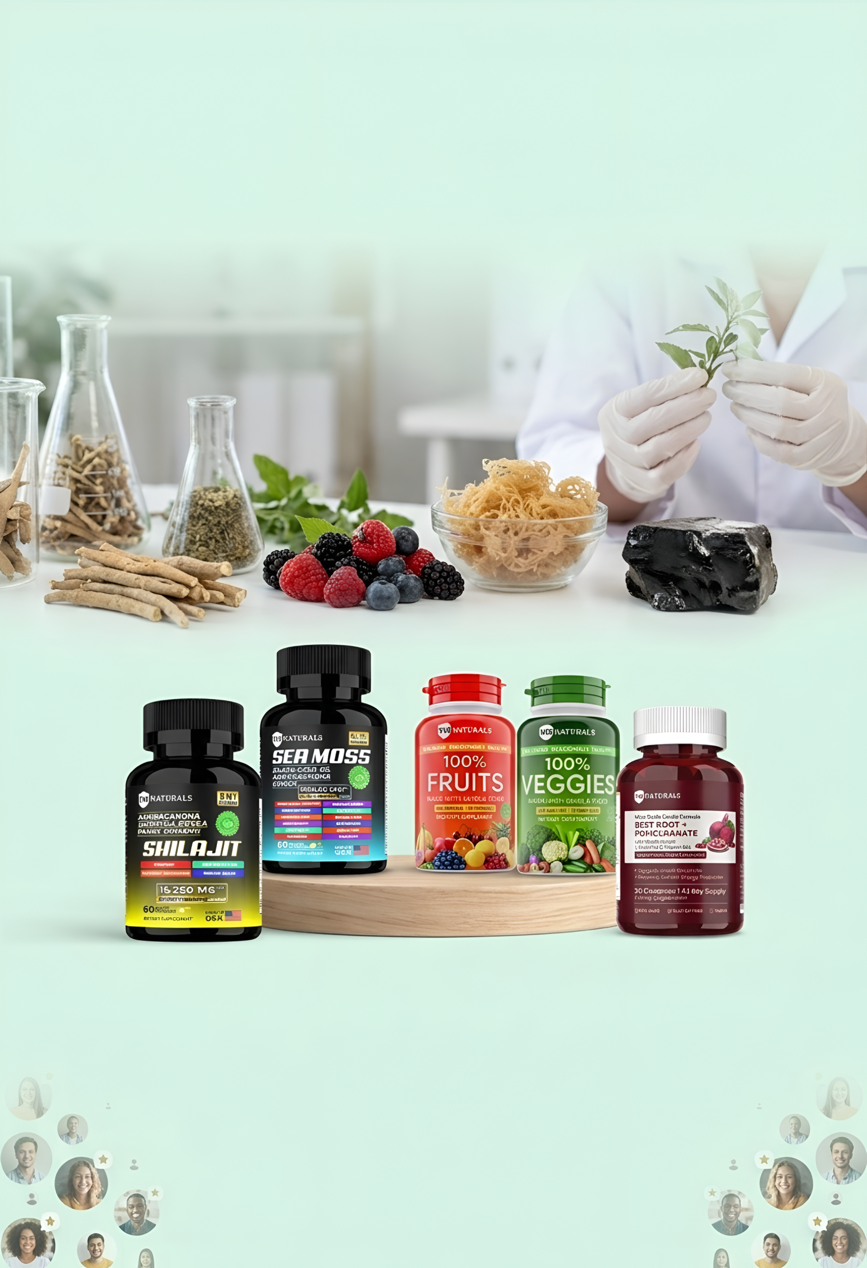 TM Naturals full supplement lineup — Shilajit, Sea Moss, Fruits & Veggies and Gummies, lab tested ingredients